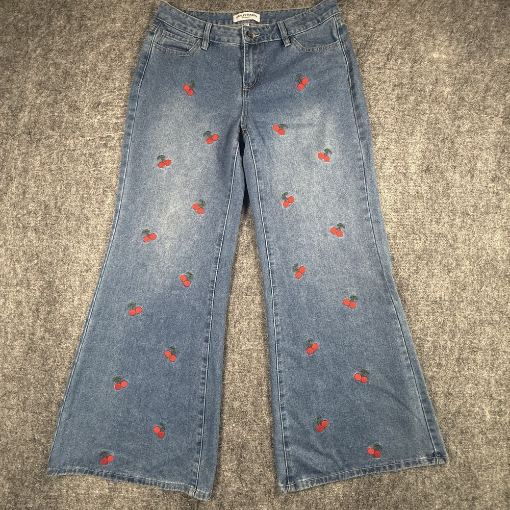 Ashley Mason Cherry Embroidered Wide Leg Jeans Women 9/29 Festival Rockabilly